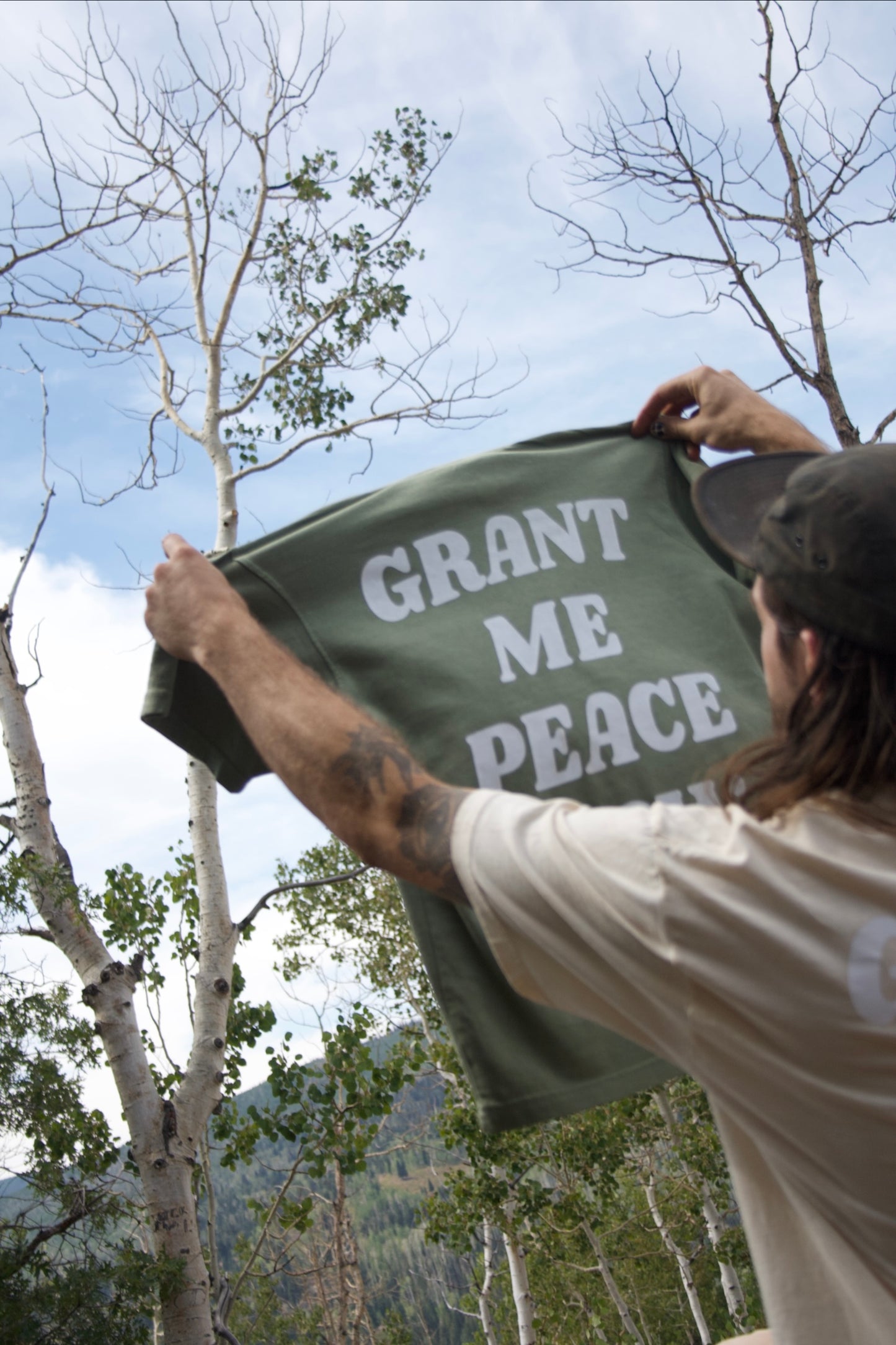 “GRANT ME PEACE NOW” TEE (mountain sage)